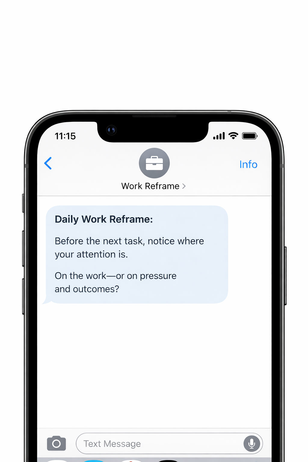 Example Daily Work Reframe Prompt shown as a text message
